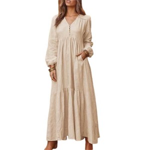 Coolmee Women's Long Sleeve Dress Casual Flowy Smocked Waist Work Dress Pockets Elegant Fall Midi Dresses - 1 of 4