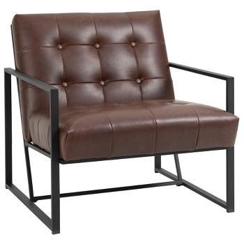 HOMCOM Mid-Century Modern Accent Chair Faux Leather Sofa Button Tufted Armchair with Metal Frame, Brown
