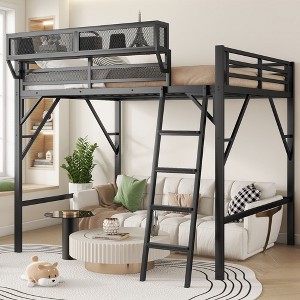 Full Size Black Metal Loft Bed with Ladder Storage Shelves and High Loft Bed for Kids Teens - 1 of 4