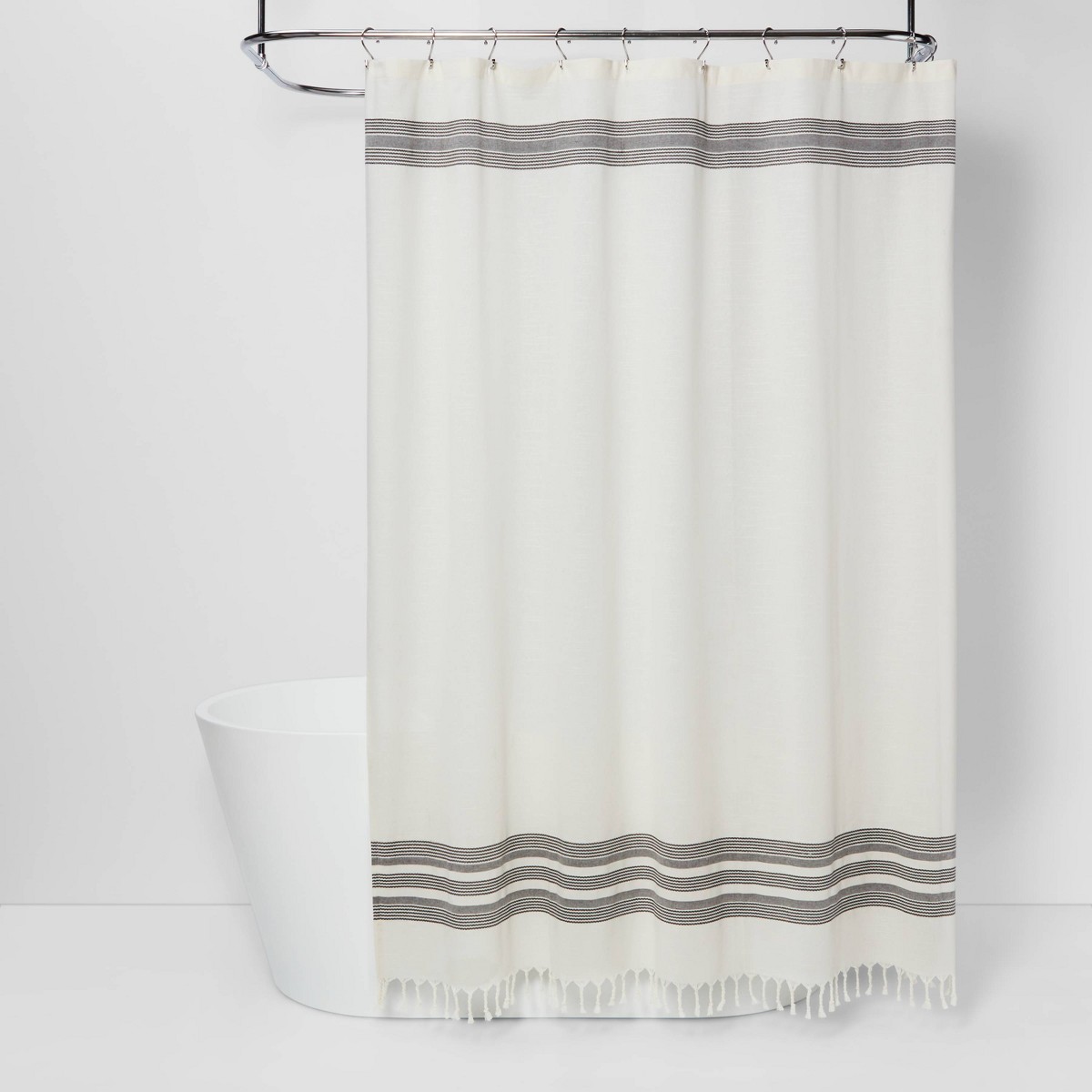 Striped Fringe Shower Curtain (Cream with Black Stripe)