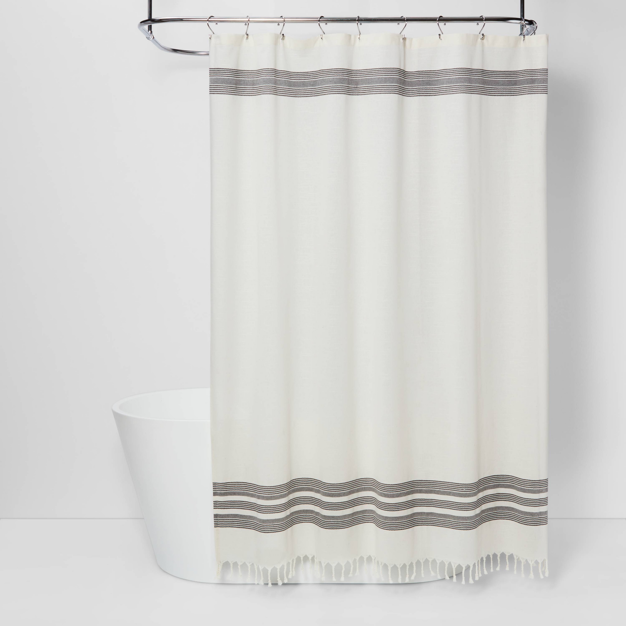 Solid Shower Curtain Cream with Black Stripe and Fringe - Threshold™