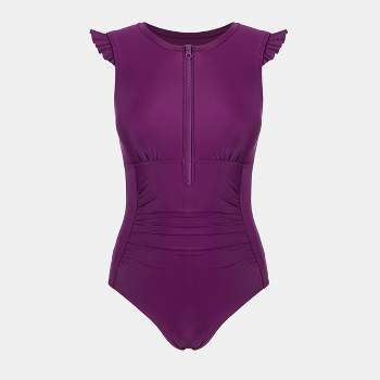 Women's Zipper Front Ruffled Ruched Available in Plus One Piece Swimsuit (XS-4XL) -Cupshe