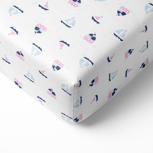 Bacati - Little Sailor Boats Girls Muslin 100 percent Cotton Universal Baby US Standard Crib or Toddler Bed Fitted Sheet - 1 of 4