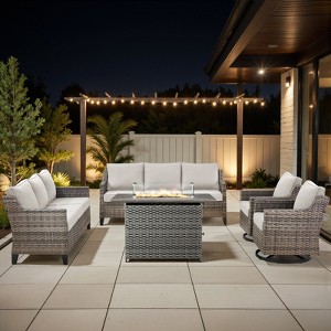 Outdoor Patio Furniture Set with Fire Pit Table and Swivel Rocking Chairs,5 Pieces Wicker Conversation Sets 3-Seater Sofa Couch Outside Furniture - 1 of 4