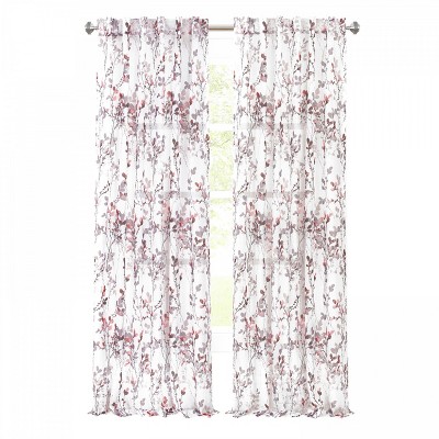 Kate Aurora 2 Piece Shabby Chic Cherry Blossom Designed Airy Sheer Rod Pocket & Back Tab Curtain Panels