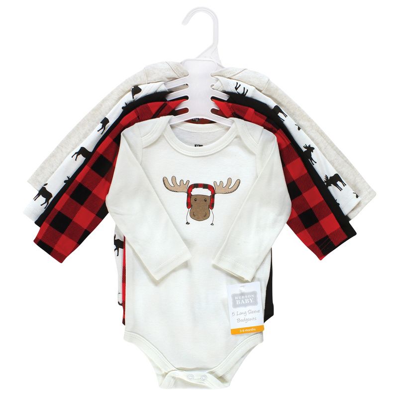 Hudson Baby Infant Boy Cotton Long-Sleeve Bodysuits, Winter Moose 5-Pack, 3 of 9