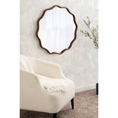 Walnut Brown 30" Round Scalloped Wood Vanity Mirror