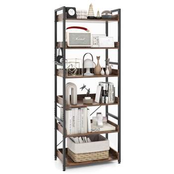 Tangkula 6-Tier Bookshelf with 4 Hooks Industrial Storage Bookcase Tall Freestanding Display Shelf with Anti-tipping Device