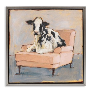 Stupell Industries Baby Cow on Pink Couch Floating Frame Canvas Art - 1 of 4
