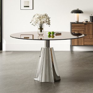 GDFStudio Afton Mid-Century Modern Round Dining Table with Tempered Glass Top and Silver Flared Base - 1 of 4