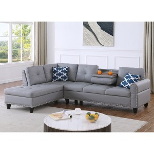 L-Shaped Sectional Sofa 2-Piece Faux Leather , Left-Facing Couch with Tufted Backs, Nailhead Trim, and Accent Pillows - 1 of 4