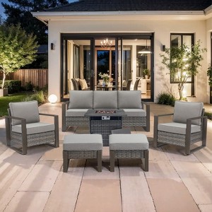 Gymojoy 4/6PCS 50000 BTU Gas Firepit Table with Outdoor 3-Seat Sofa Patio Chair Ottoman Set - 1 of 4