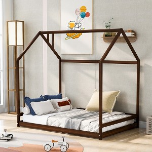 Full Size Platform Bed, Wooden Floor Bed, House-Shaped Bed Frame with Roof for Teens Boys Girls Bedroom Furniture Espresso (Slats Not Included) - 1 of 4