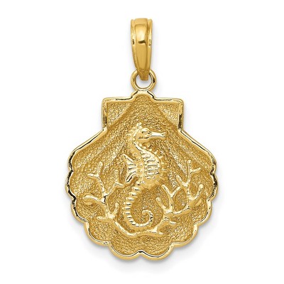 Black Bow Jewelry 14k Yellow Gold Seahorse and Coral in a Scallop Shell Pendant