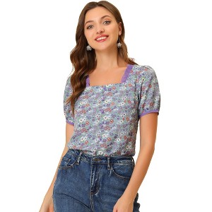 Allegra K Women's Floral Peasant Square Neck Contrast Frill Trim Chiffon Blouse - 1 of 4