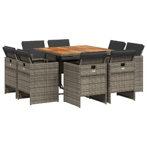 vidaXL 9 Piece Patio Dining Set - Gray Poly Rattan/Dark Gray Cushions, Acacia Wood Table - Indoor/Outdoor Furniture for Garden, Patio - 1 of 4