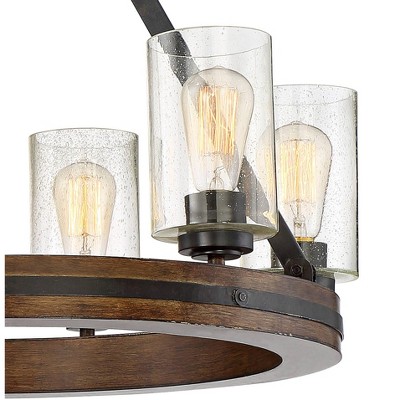 Bronze and Wood Wagon Wheel Chandelier with Clear Glass Shades