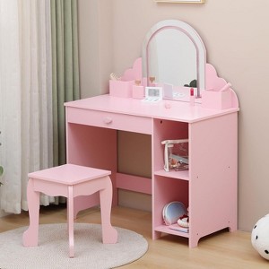 Kids Vanity with Lighted Mirror, 2 in 1 Little Girls Vanity Table & Stool, Kids Makeup with Drawer & Open Shelves for 3-9 Yrs Girls - 1 of 4