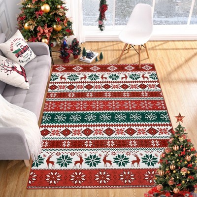 Coucheta Entryway Area Rug, Christmas Rug Indoor Non-Slip Washable Boho Farmhouse Geometric Mat for Front Door, Living Room & Bedroom, Red & Green