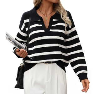 Clearlove Womens Striped Collared Sweater V Neck Long Sleeve Ribbed Knit Pullover Casual Fall Chunky Sweater - 1 of 4