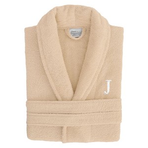 Linum Home Textiles 100% Turkish Cotton Unisex Personalized Terry Bathrobe Beige in White Bookman Font - 1 of 2