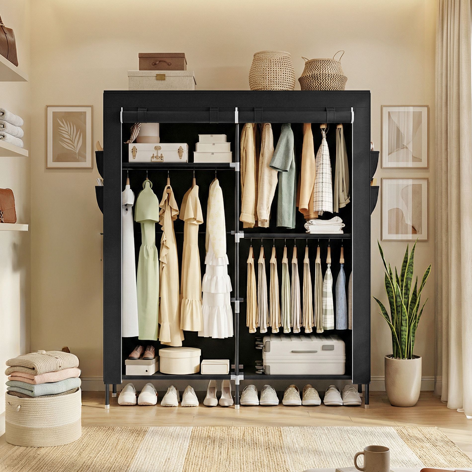 LEDREM Portable Closet, Wardrobe Closet Organizer with Non-Woven Fabric Cover, Hanging Rods and Shelves, 50 x 17.7 x 70.9 Inches, Black