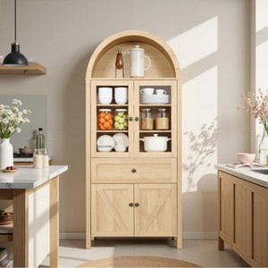 Rustic Multi-Functional Cabinet - Large Capacity, Arch Design & Warm Wooden Tones for Classic Home Décor Beige - 1 of 4