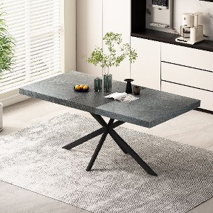 CAVINAS Retro Rectangular Expandable Dining Table with Antique Wood Top & Black Relief Plate, Cross Iron Base Stretch Dining Table with Storage Box - 1 of 4