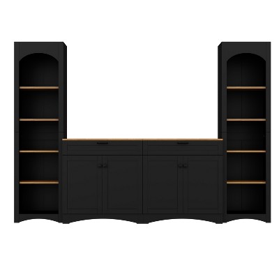 CLIHOME 3-Piece Farmhouse Entertainment Center with Storage Cabinet for TVs Up to 70", Mid-Century TV Stand with Bookshelf
