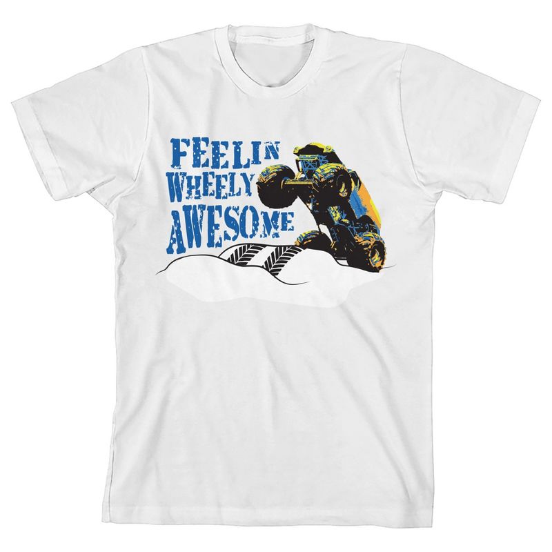 Monster Truck "Feelin' Wheely Awesome!" Youth White Short Sleeve Crew Neck Tee, 1 of 3