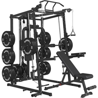 ER KANG Smith Machine Power Cage, 2000LBS Power Rack with Cable System, Multi-Function Weight Cage with J-Hooks, Spotter Arms, Home Gym