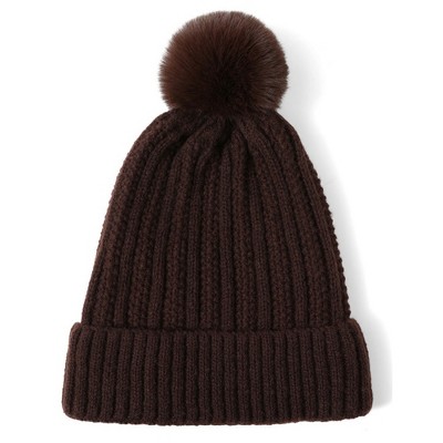 Women's Solid Color 100% Acrylic Knit Hat with pom And Fleece Lining