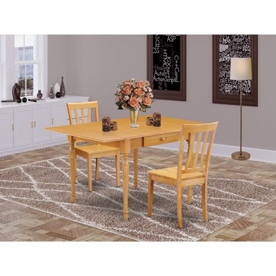 East West Furniture  3Pc Dining Table Set Includes a Wood Dining Table and 2 Kitchen Chairs with Solid Wood Seat Drop Leaf Table with Slat Back Chairs