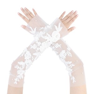 INSPIRE CHIC Women's Lace Floral Pearl Bowknot Polka Point Arm Fingerness Length Sleeves for Elegant Bridge Wedding Gloves 1 Pair - 1 of 4