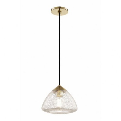 Aged Brass and Crackle Glass Single Pendant Light