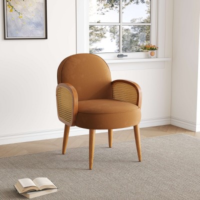 1 Piece Mid Century Modern Velvet Fabric Upholstered Accent Arm Chair,Outdoor Patio Comfy Rattan Wrapped Armrest Wooden Reading Chair-Coolbibila