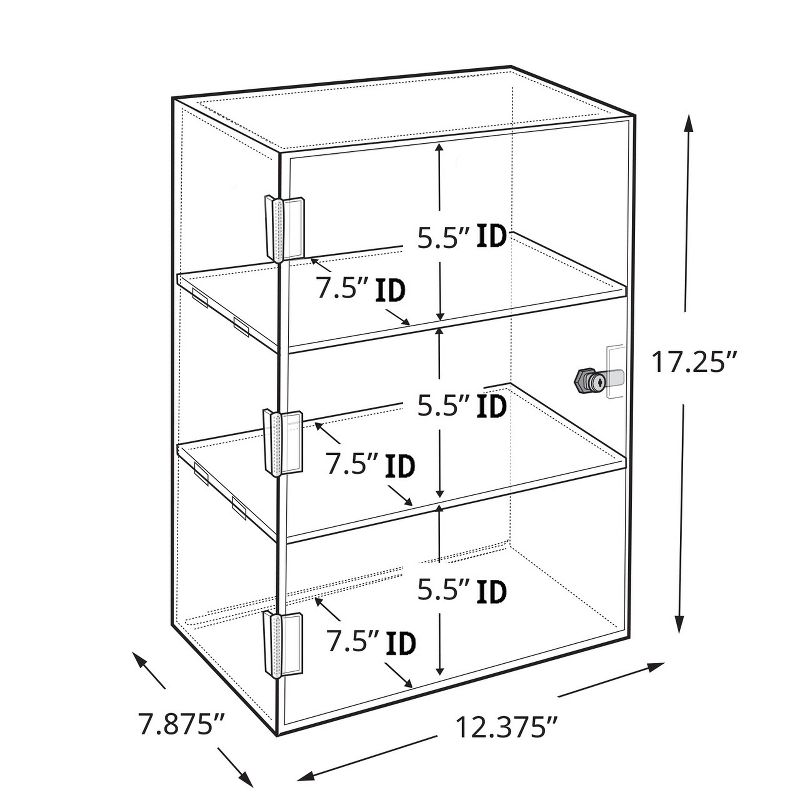 Azar Displays Acrylic Lockbox Countertop Display Case w/ 2 Shelves 12.375" wide, 3 of 8