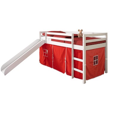 Donco Kids Tent Twin White Low Loft Bed With Slide & Red Tent