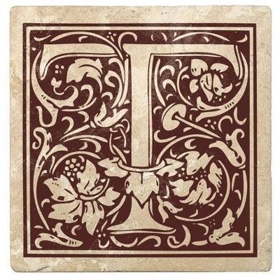 Christmas by Krebs Set of 4 Ivory and Brown "T" Square Monogram Coasters 4"