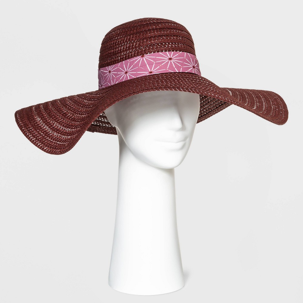 Women's Wide Brim Straw Hat - A New Day Burgundy, Red/Brown