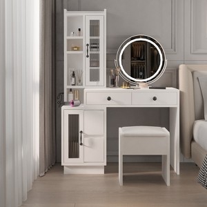 KTMBDW Modern Makeup Vanity Table Set with Side Cabinet and LED Mirror, Retractable Dressing Table with Power Outlets, 3 Light Colors for bedroom - 1 of 4
