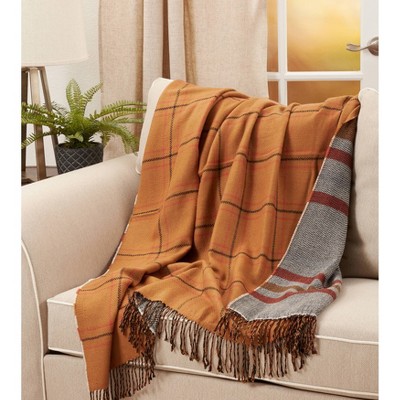 Rust Plaid Reversible Acrylic Throw Blanket with Fringe