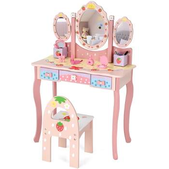 Tangkula Kid Vanity Set Makeup Table Stool With Drawer Shelf Wood Leg  Rabbit Mirror Pink : Target