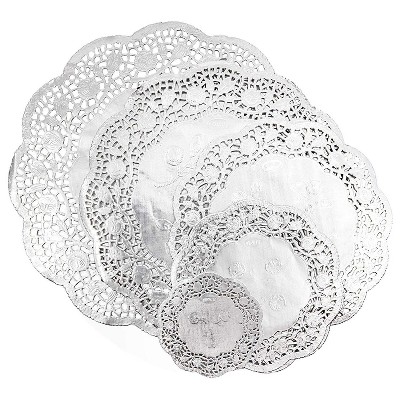 Juvale 60-Pack Disposable Silver Metallic Round Paper Doilies Lace Placemats, 5 Sizes