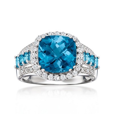 Ross-Simons 4.40 ct. t.w. London Blue Topaz Ring With .30 ct. t.w. White Topaz and .10 ct. t.w. Diamonds in Sterling Silver Size 7