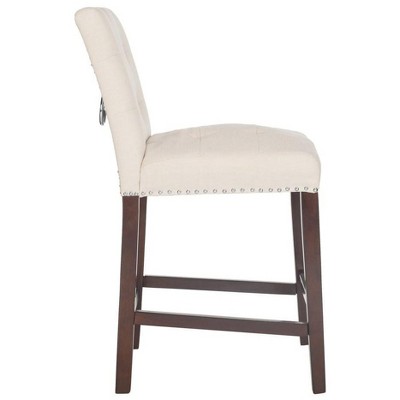 Beige Tufted Linen Transitional Counter Stool with Chrome Accents, Set of 2