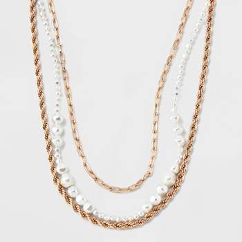 Chain and Pearl Multi-Strand Necklace Set 3pc - A New Day™ Gold/White