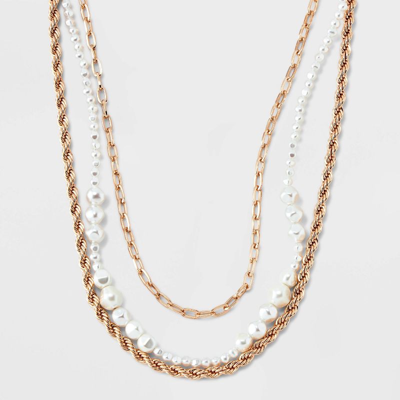 Chain and Pearl Multi-Strand Necklace Set 3pc - A New Day&#8482; Gold/White, 1 of 6