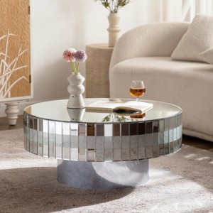 30.9" Round Mirrored Coffee Table with Crushed Diamond Edge, Luxury Silver Glass Center Table for Glam Living Room Decor -3irtyhousy - 1 of 4