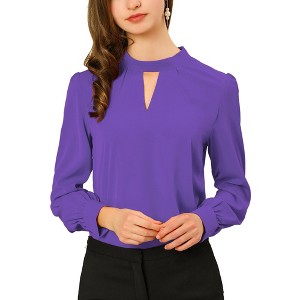INSPIRE CHIC Women's Office Keyhole Elegant Stand Collar Long Sleeve Back Neck Button Blouse - 1 of 4